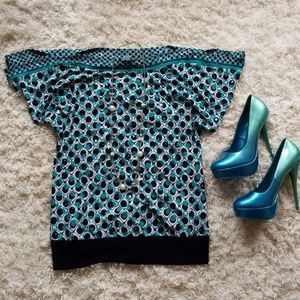 Sparkle navy, aqua, and white blouse